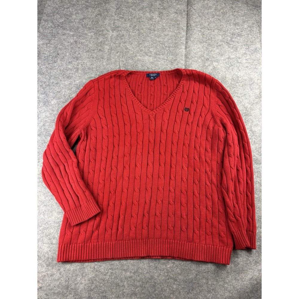 Chaps Cable Knit V Neck Sweater Women's 3X Pullover Long Sleeve 100% Cotton‎ Red